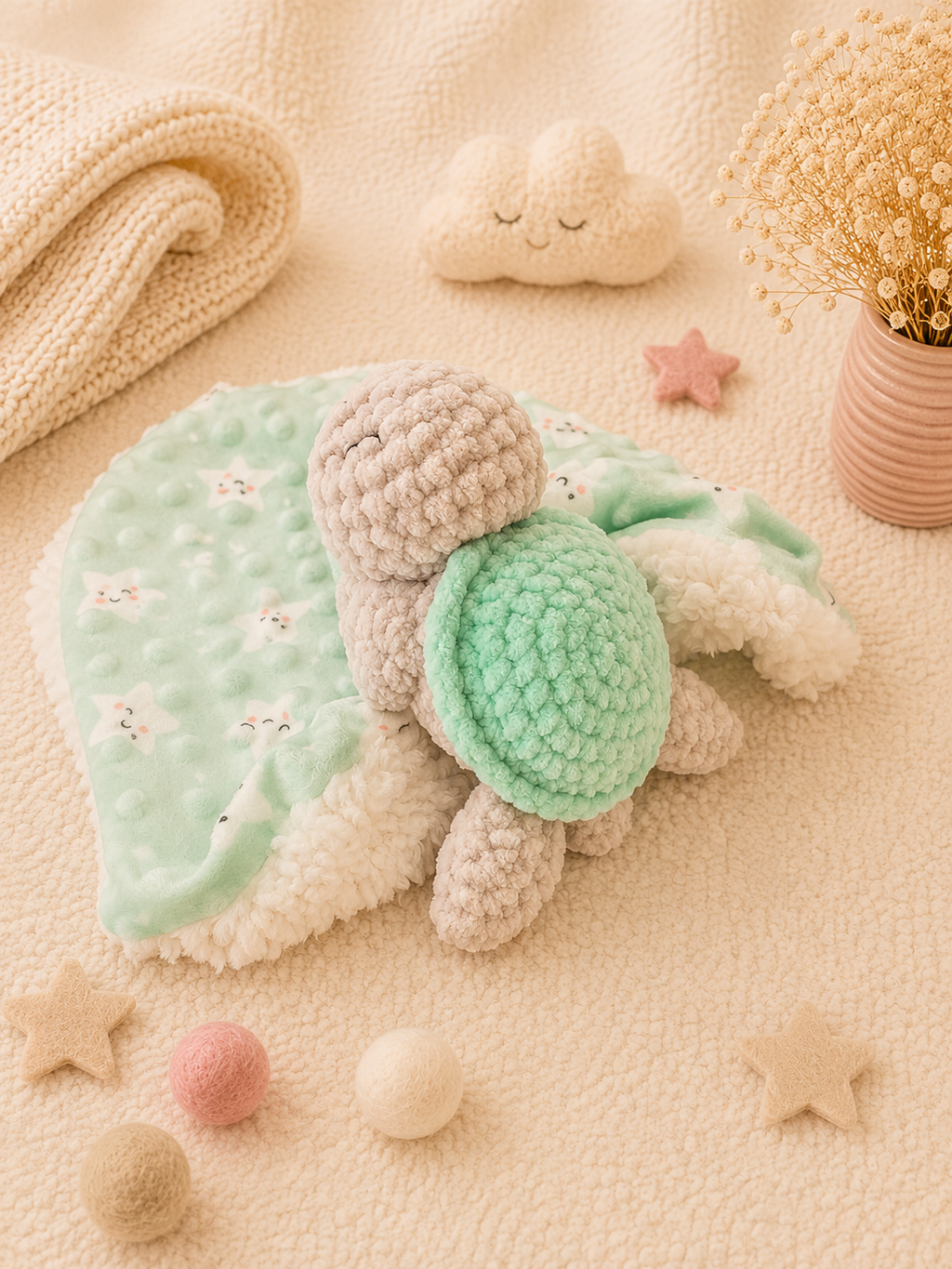 Détail dos carapace doudou tortue crochet laine chenille Oeko-tex fait main