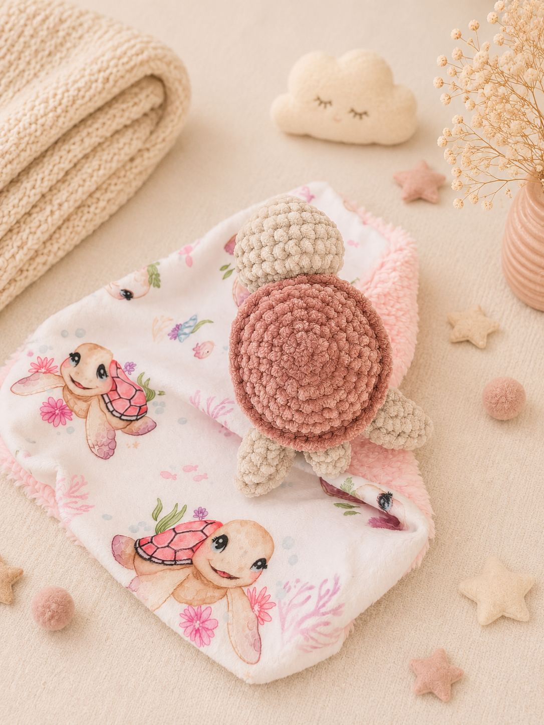 détail dos carapace doudou tortue rose avec motif tortue conforme CE