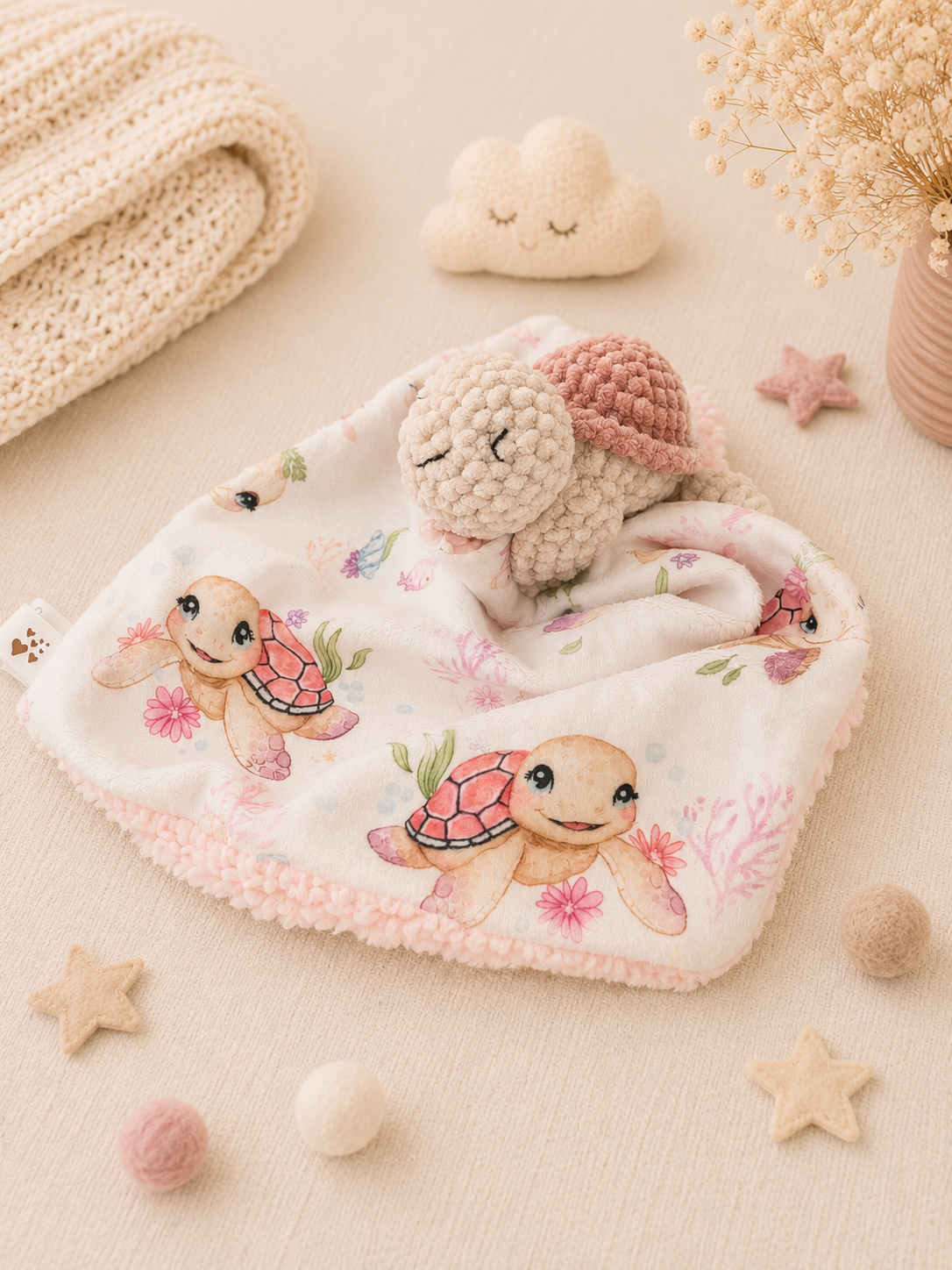 Doudou lange tortue laine chenille Oeko tex - Les merveilles de choupinou