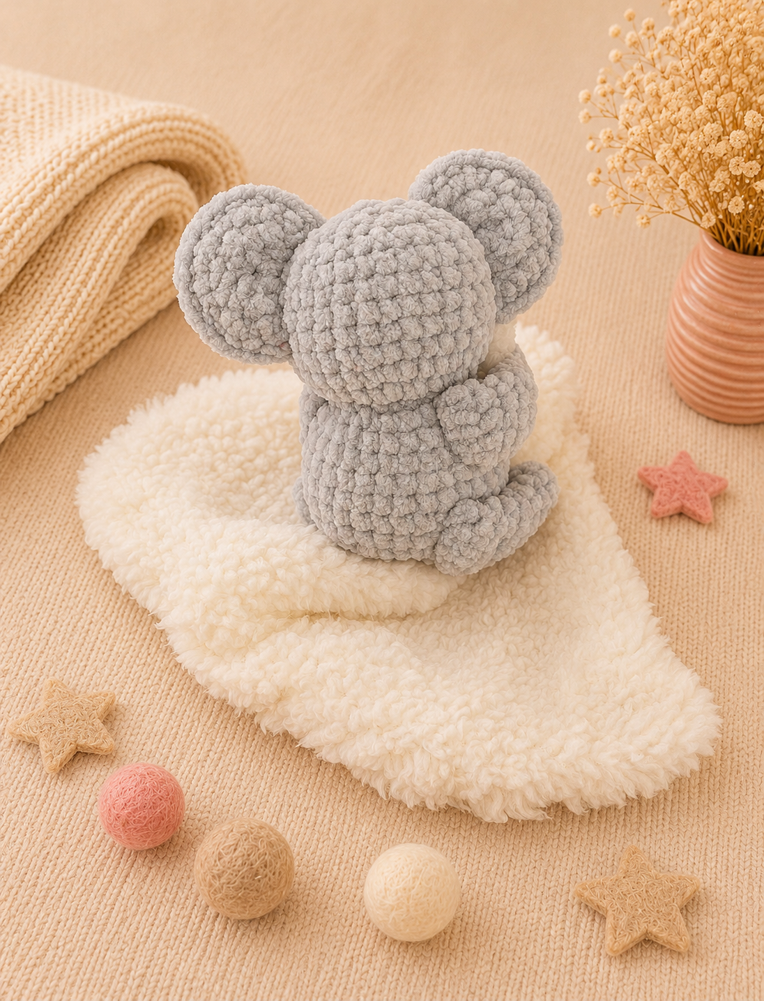 Doudou koala de dos avec lange double face tout doux laine chenille et lange minky