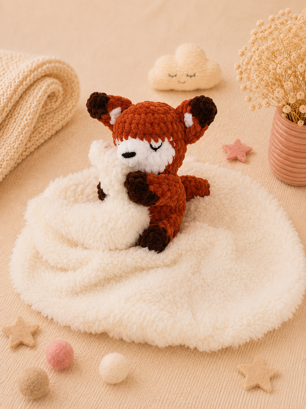 Doudou renard lange fait main au crochet, norme CE