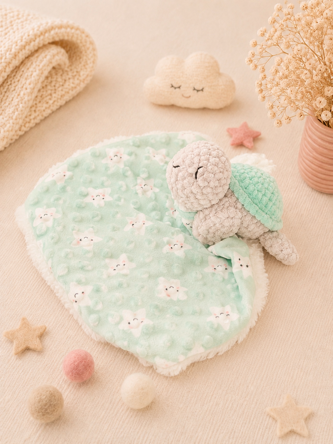Doudou tortue lange nuage double face fait main au crochet - Les Merveilles de Choupinou