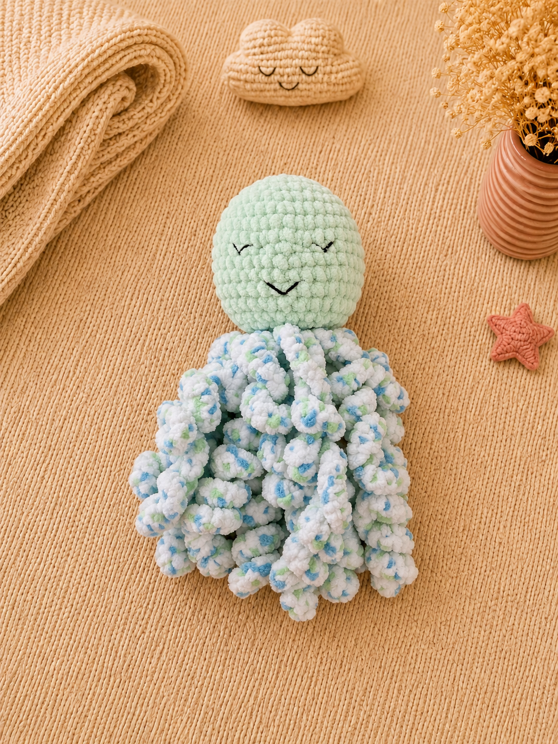 Doudou Pieuvre Bébé Vert d'eau - Fait main au crochet