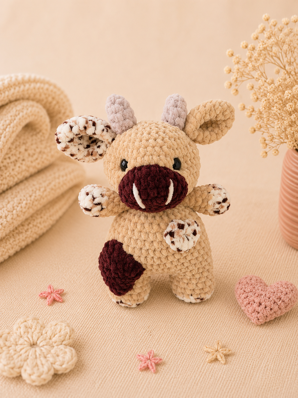 Vache beige au crochet faite main en laine chenille vue de face