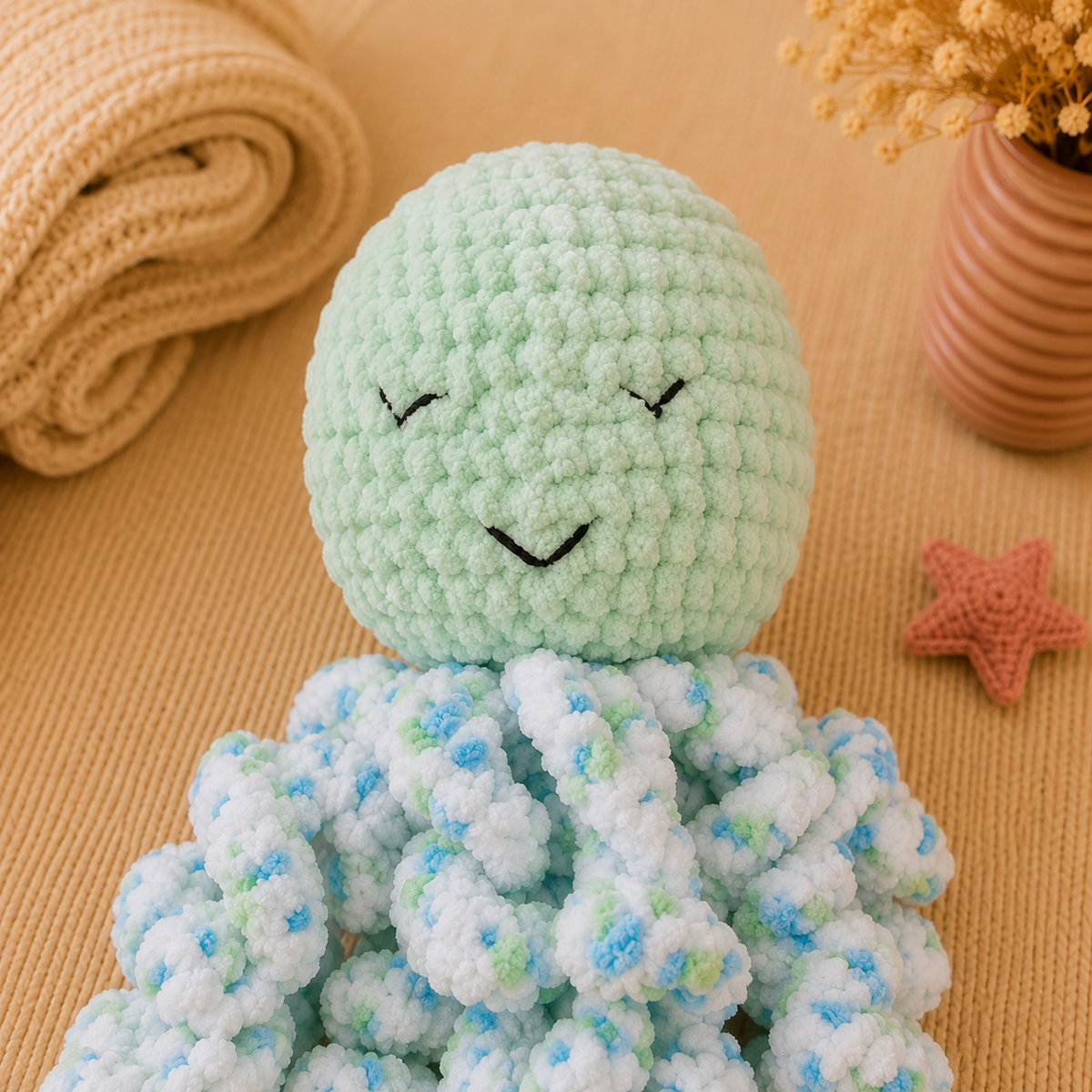 Doudou Pieuvre Bébé Vert d'eau - Fait main au crochet